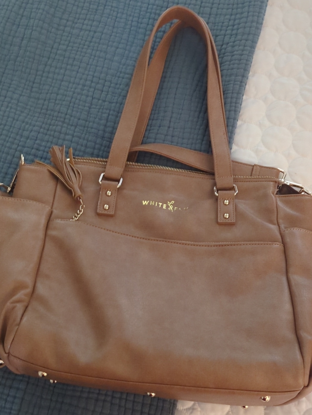 White Elm Cognac Brown Tote with Gold Accents